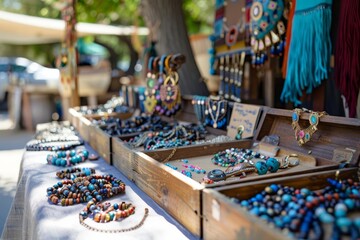 artisans treasure trove handcrafted jewelry display lively outdoor market scene