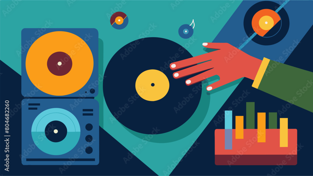 Poster an animation of a hand flipping through records in slow motion with the music from the chosen record