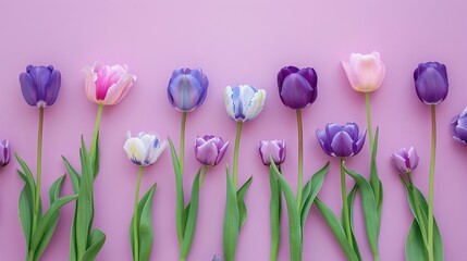   A pink background with a row of purple and white tulips, surrounded by green leaves on both sides