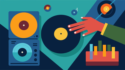 An animation of a hand flipping through records in slow motion with the music from the chosen record playing in the background. Vector illustration