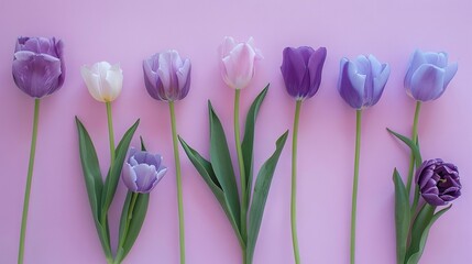  Purple and white tulips in a row on a pink background with green stems