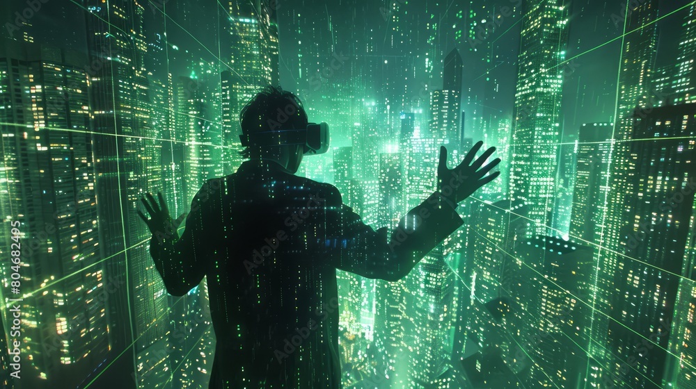 Poster a man is wearing a virtual reality headset and is looking at a cityscape. the city is lit up with ne