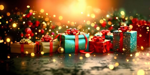 Gifts in boxes on festive background
