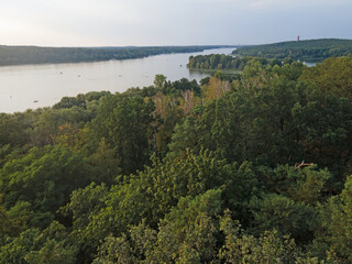 Aerial landscape of island in river and Grunewald forest on a sunny summer day in Berlin