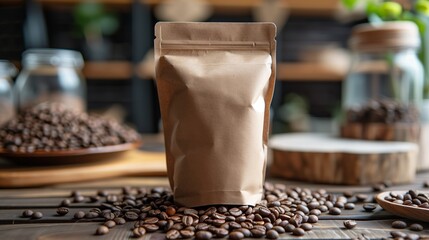 Sealed coffee bag surrounded by scattered beans on a wooden countertop