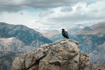 black vulture perched on rocky mountain under cloudy sky digital photography