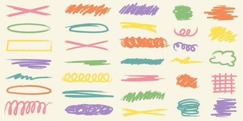 Marker pen strokes. Collection of scribble lines and brush strokes. Vector illustration of scribbles.