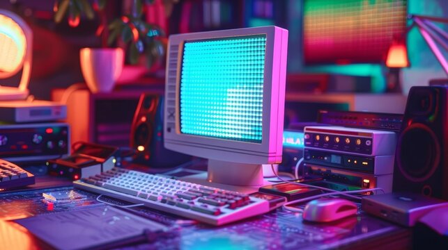 A retro computer sits on a desk in a dimly lit room. The computer is surrounded by old electronic equipment.
