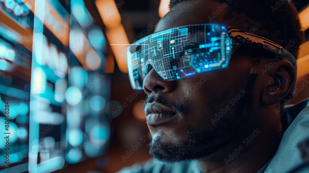 Aufkleber A man wearing virtual reality goggles is looking at a computer screen. The screen is filled with a variety of images and patterns, creating a sense of depth and immersion. The man is focused