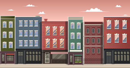 A street in with traditional buildings. Vintage building illustration