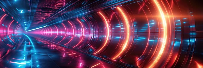 A futuristic sci-fi tunnel with glowing neon lights.