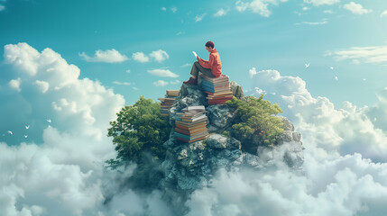 a person living on top of the cloud and sitting next to books, reading book alone - obrazy, fototapety, plakaty