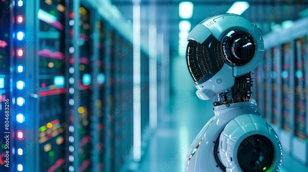 Poster A robot stands in a large room with many computer servers. The robot is white and has a helmet on its head. The room is dimly lit, giving it a futuristic and mysterious atmosphere