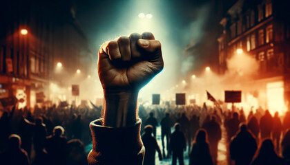 A raised fist of a protestor in front of a crowd at a violent political demonstration at night