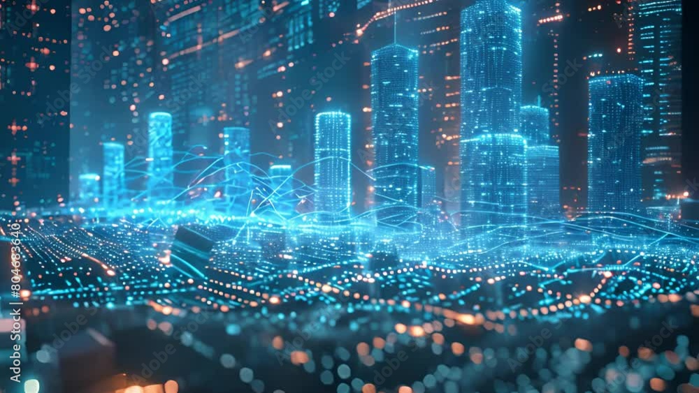 Poster A futuristic city illuminated by glowing lights and lines, creating a dynamic and technologically advanced urban landscape.