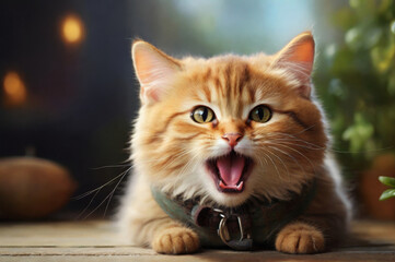 Cute ginger kitten with wide open mouth and bright eyes against a backdrop of greenery and soft lighting