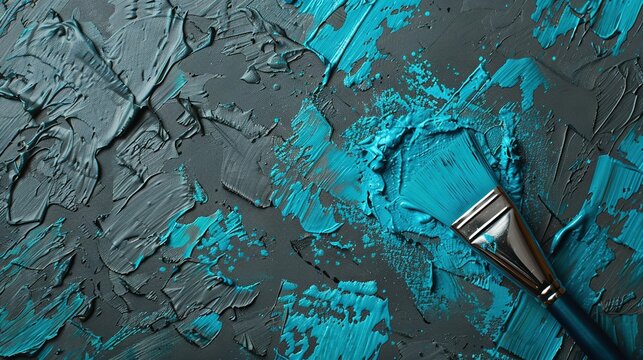   A paintbrush rests atop a blue and gray smeary canvas with smudged paint smudges