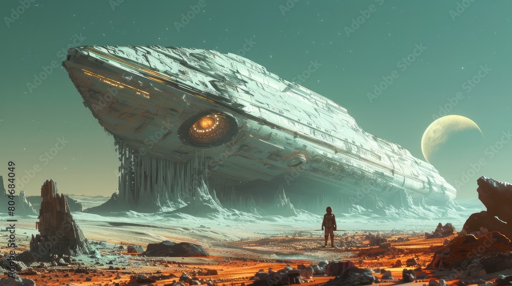 Aufkleber a man is standing on a rocky desert planet next to a huge ship. the ship is covered in ice and he is