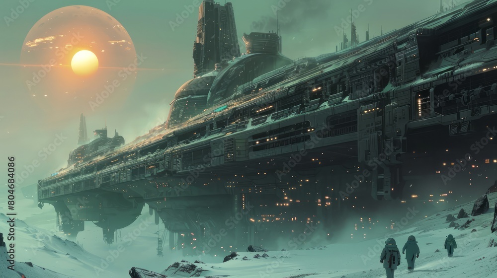 Poster a large space station with a sun in the background. the sun is in the middle of the sky and is surro
