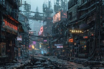 decaying cyberpunk city ruins dilapidated buildings and cybernetic scavengers futuristic concept art