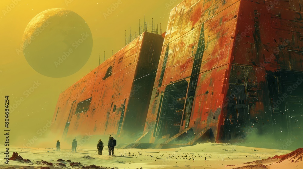 Poster A group of people are walking on a snowy beach near a large red building. The sky is filled with a large planet and a smaller one. Scene is one of adventure and exploration