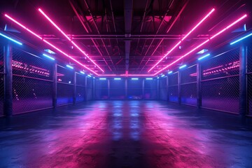 Futuristic portrayal of an empty basketball court encaged in neon lights, exuding a sense of isolation and potential for action - Powered by Adobe