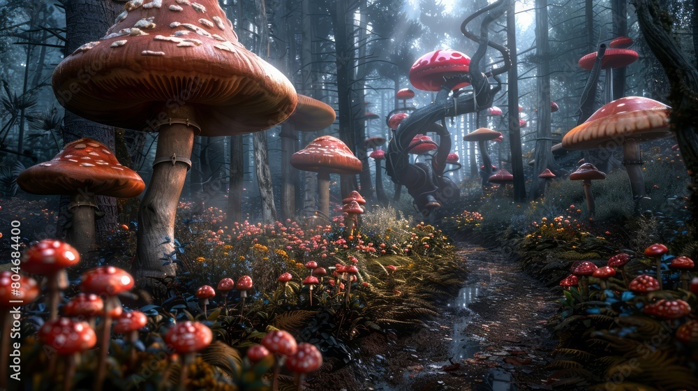 Poster a forest filled with red mushrooms and a path. the mushrooms are large and colorful, creating a whim