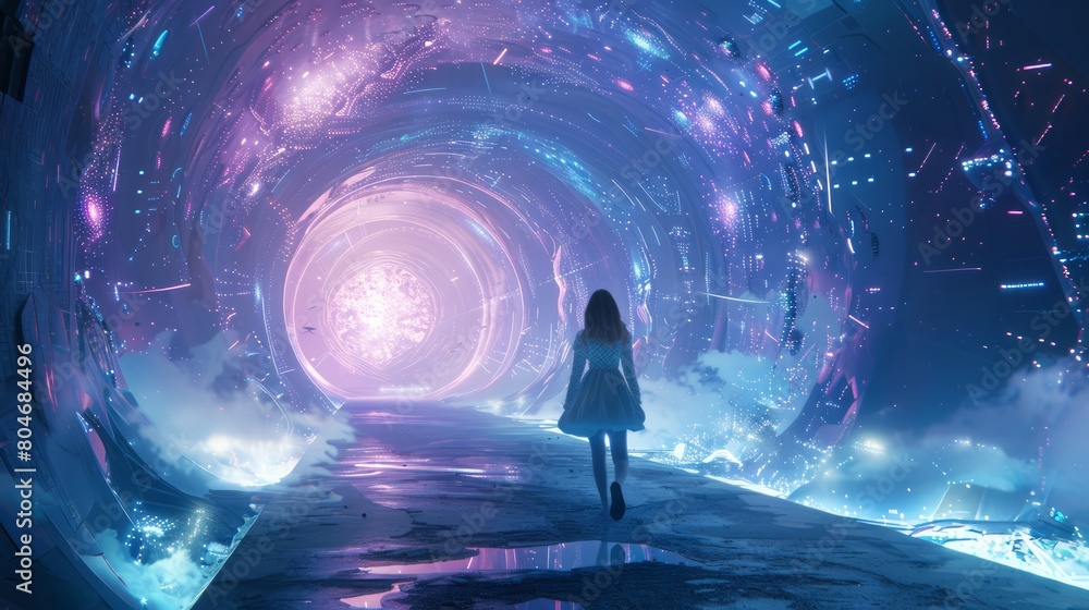 Poster a woman walks down a tunnel in a futuristic setting. the tunnel is illuminated with neon lights and 
