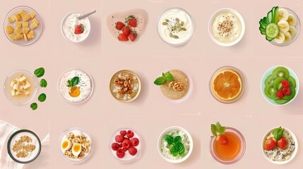   A table topped with plates of food, a bowl of fruit, a bowl of yogurt, and a bowl of fruit