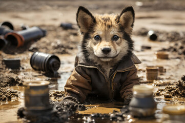 Cute puppy in a brown jacket sitting among dirt and scattered car parts, peeping out from under motor oil and dirt