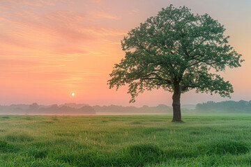 Obraz premium A tranquil scene of a fresh green grass field under a soft pink and orange sunrise, with a single oak tree standing prominently, its leaves shimmering in the light.
