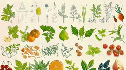  Various fruits and veggies on white background, featuring a central green leafy plant