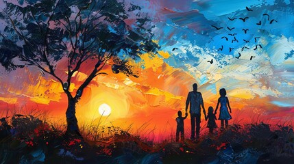 Fototapeta premium Joyful family painting together in a beautiful sunset with warm vibrant colors, happy parenthood