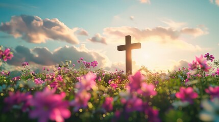 Christian Cross in the middle of flower field. Good Friday Palm Sunday Concept