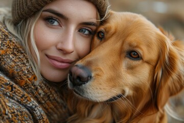 Young woman cuddles with a loving golden retriever, showing a bond and affection between them