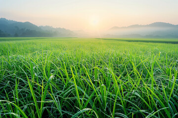 A vast field of natural green grass with morning dew reflecting the early sunrise, with a backdrop of distant misty mountains and a clear sky just beginning to light up in warm hues. - Powered by Adobe