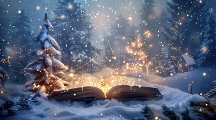 Christmas fairy-tale background with magical open book. Winter holidays, snowy forest