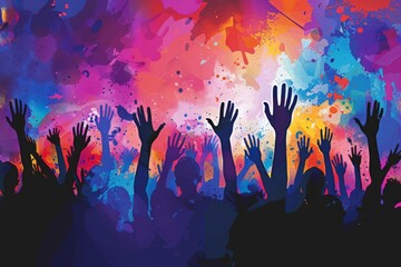 energetic concert crowd silhouettes with raised hands abstract illustration
