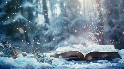 Christmas fairy-tale background with magical open book. Winter holidays, snowy forest