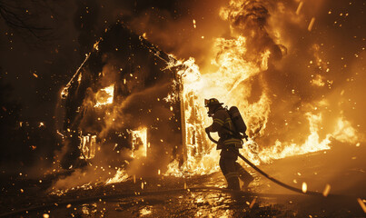 Firefighter extinguishing massive house fire at night.Emergency scene . Fire safety and emergency response concept.