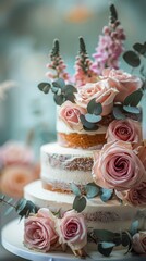 Fototapeta premium Wedding Cake Adorned With Flowers