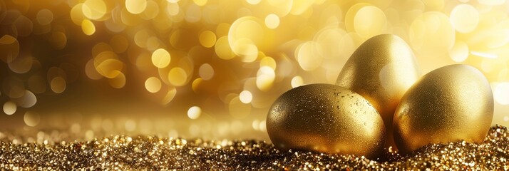 Golden eggs nestled on a glittering surface with a warm bokeh background