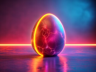 Glowing Cracked Egg on a Surface Illuminated by Neon Lights