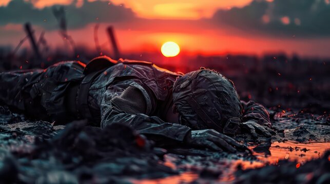 Dead soldier laying face down in the mud in front of the sunset, end of the line, fallen hero