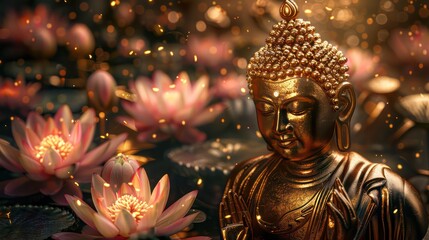 Glowing golden buddha and 3d multicolored flowers and lotuses background