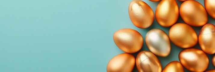 Golden eggs artistically arranged on a teal background - Powered by Adobe