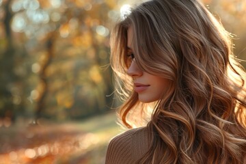 A serene autumn scene with sunlight filtering through trees, highlighting a woman's elegantly curled hair
