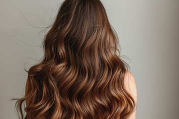 Fototapeta premium Detailed close-up of a woman's flowing wavy hair, showcasing texture and style against a neutral background