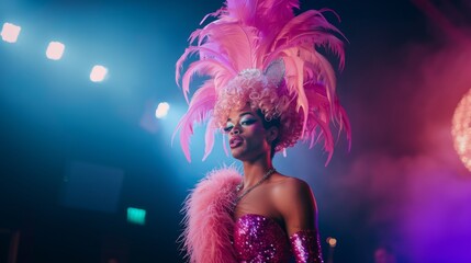 male drag queen showgirl outfit with pink feathers