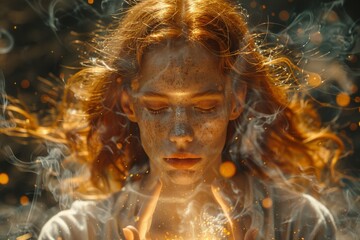 An ethereal image of a freckled woman surrounded by smoke and golden sparks, evoking a dreamlike, magical atmosphere